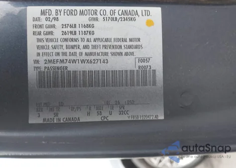 1998 Mercury Grand Marquis z USA, uszkodzony, nr VIN 2MEFM74W1WX627143